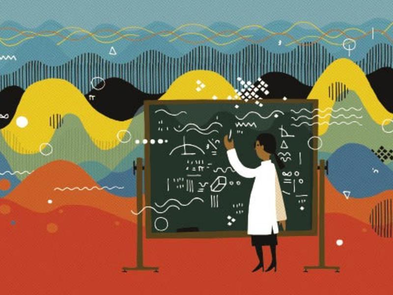 illustration of a black woman writing formulae on a blackboard